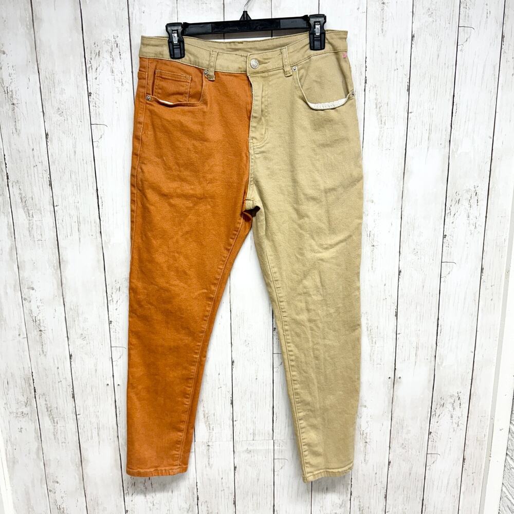 Jeans Women Size Small Two Tone High Rise‎ Relaxed Straight Orange Tan Casual